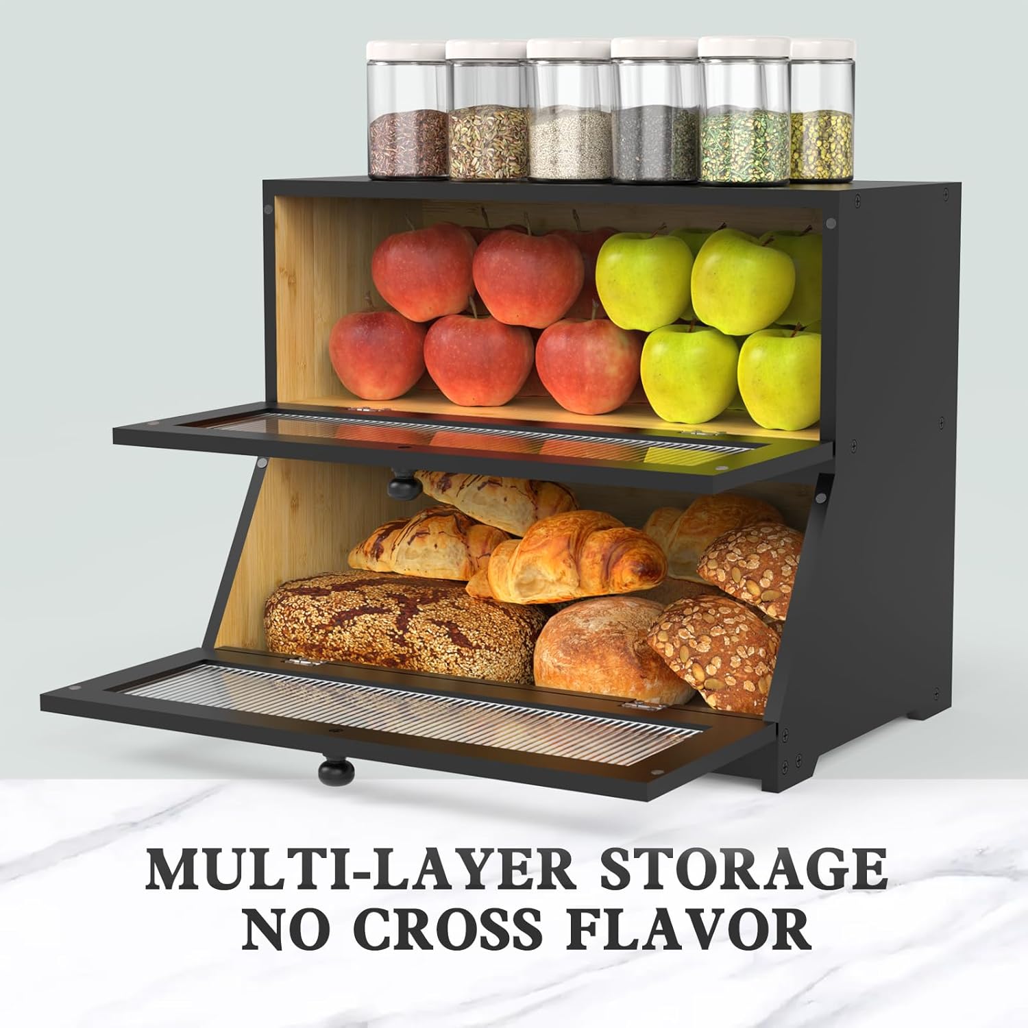 Laundry Storage: CARLA HOME Double Layer Bamboo Bread Box for Kitchen Counter - Large Capacity Bread Storage Container with Clear Window, Easy Assembly, Farmhouse Style Bread Holder (Black)