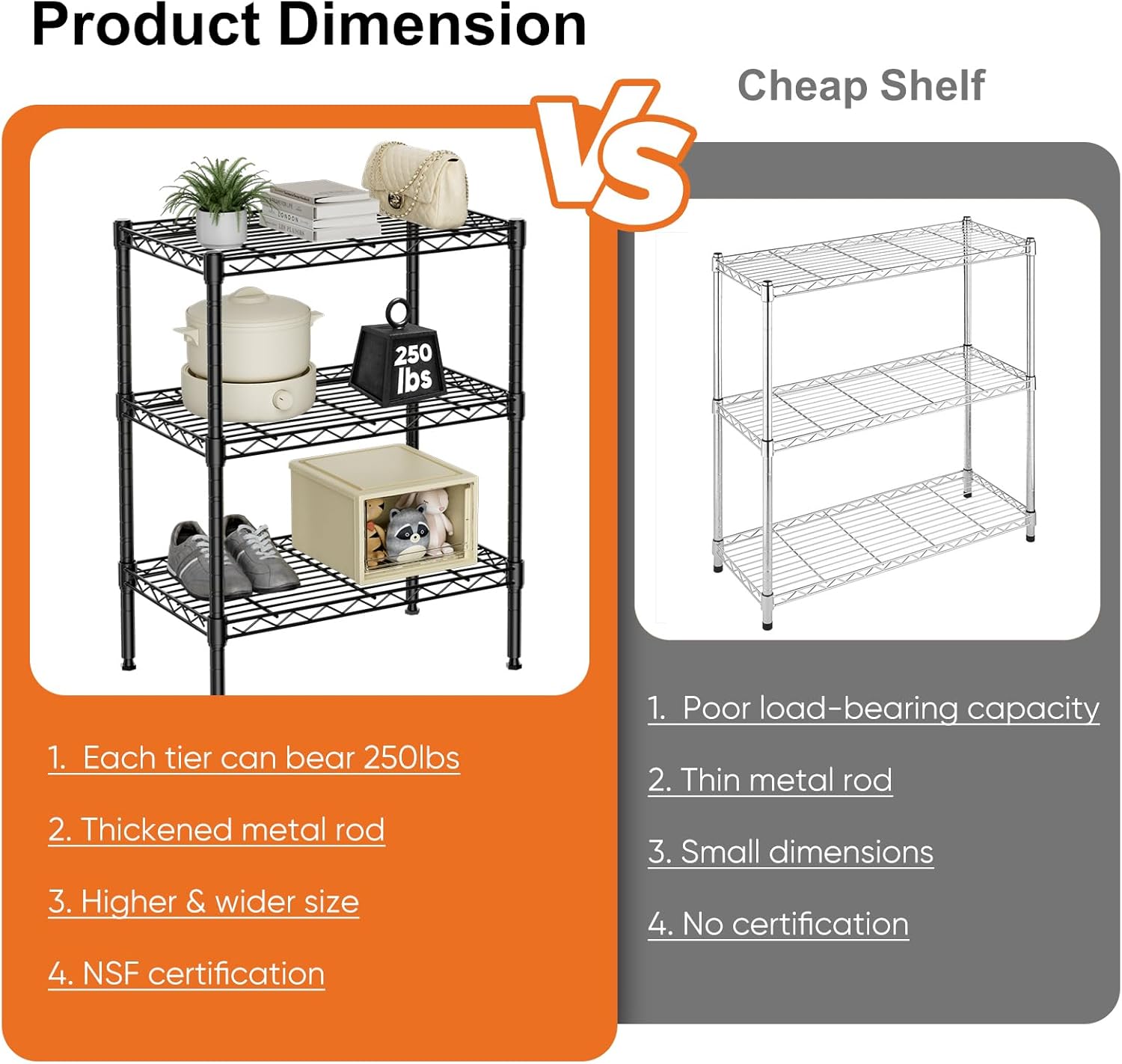 Clothing & Wardrobe Storage: CARLA HOME 3-Tier Adjustable Metal Storage Shelves Wire Rack Organizer for Kitchen, Pantry, Bathroom or Laundry Room (60cm W x 35cm D x 103cm H)