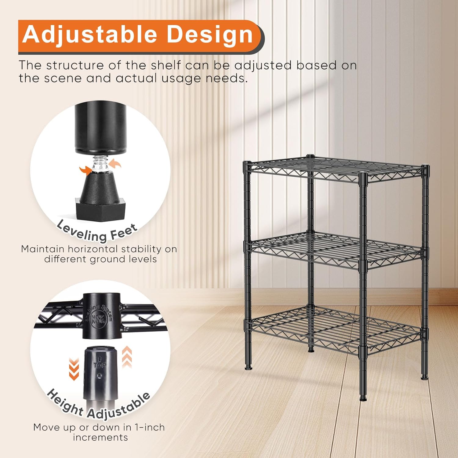 Clothing & Wardrobe Storage: CARLA HOME 3-Tier Adjustable Metal Storage Shelves Wire Rack Organizer for Kitchen, Pantry, Bathroom or Laundry Room (60cm W x 35cm D x 103cm H)
