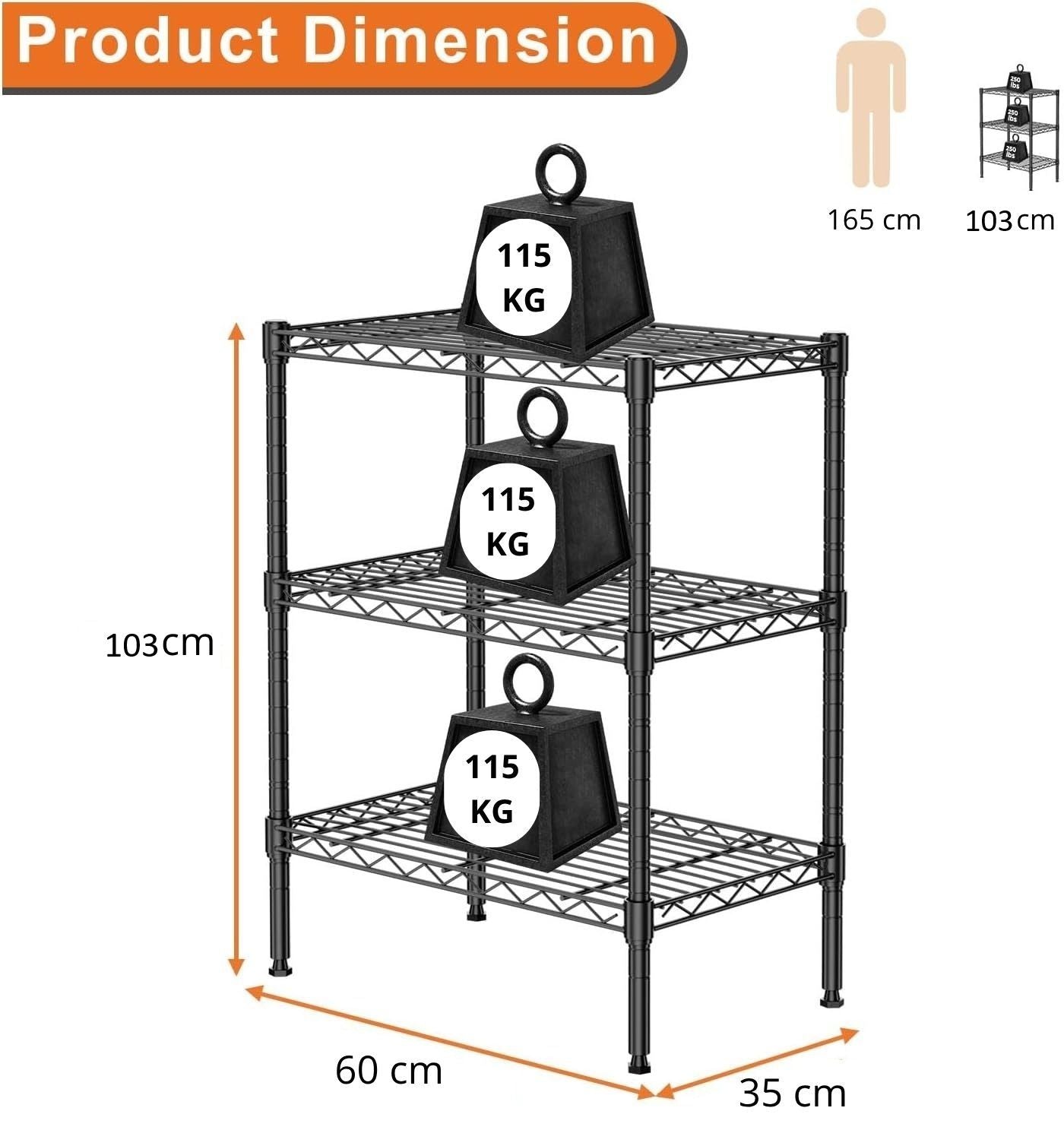 Clothing & Wardrobe Storage: CARLA HOME 3-Tier Adjustable Metal Storage Shelves Wire Rack Organizer for Kitchen, Pantry, Bathroom or Laundry Room (60cm W x 35cm D x 103cm H)