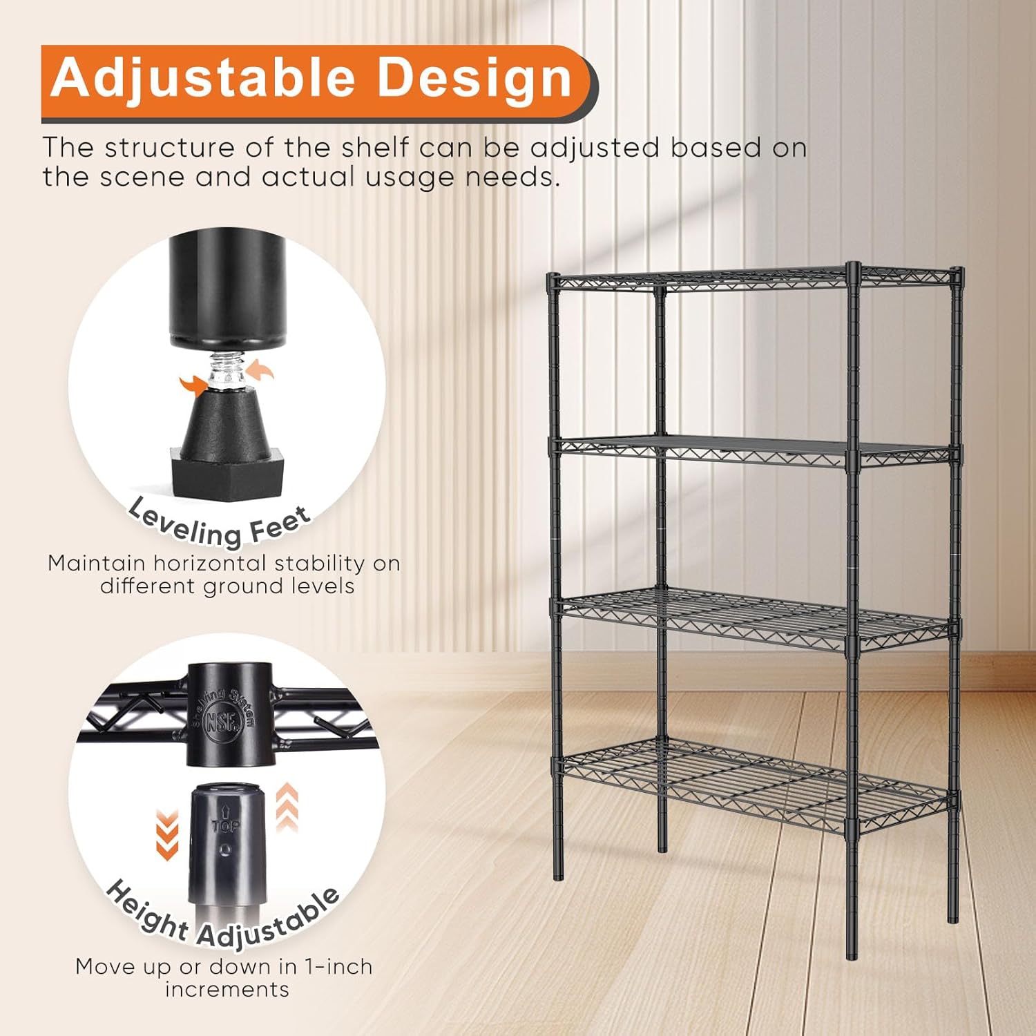 Clothing & Wardrobe Storage: CARLA HOME 4-Tier Adjustable Metal Storage Shelves Wire Rack Organizer for Kitchen, Pantry, Bathroom or Laundry Room (60cm W x 40cm D x 140cm H)