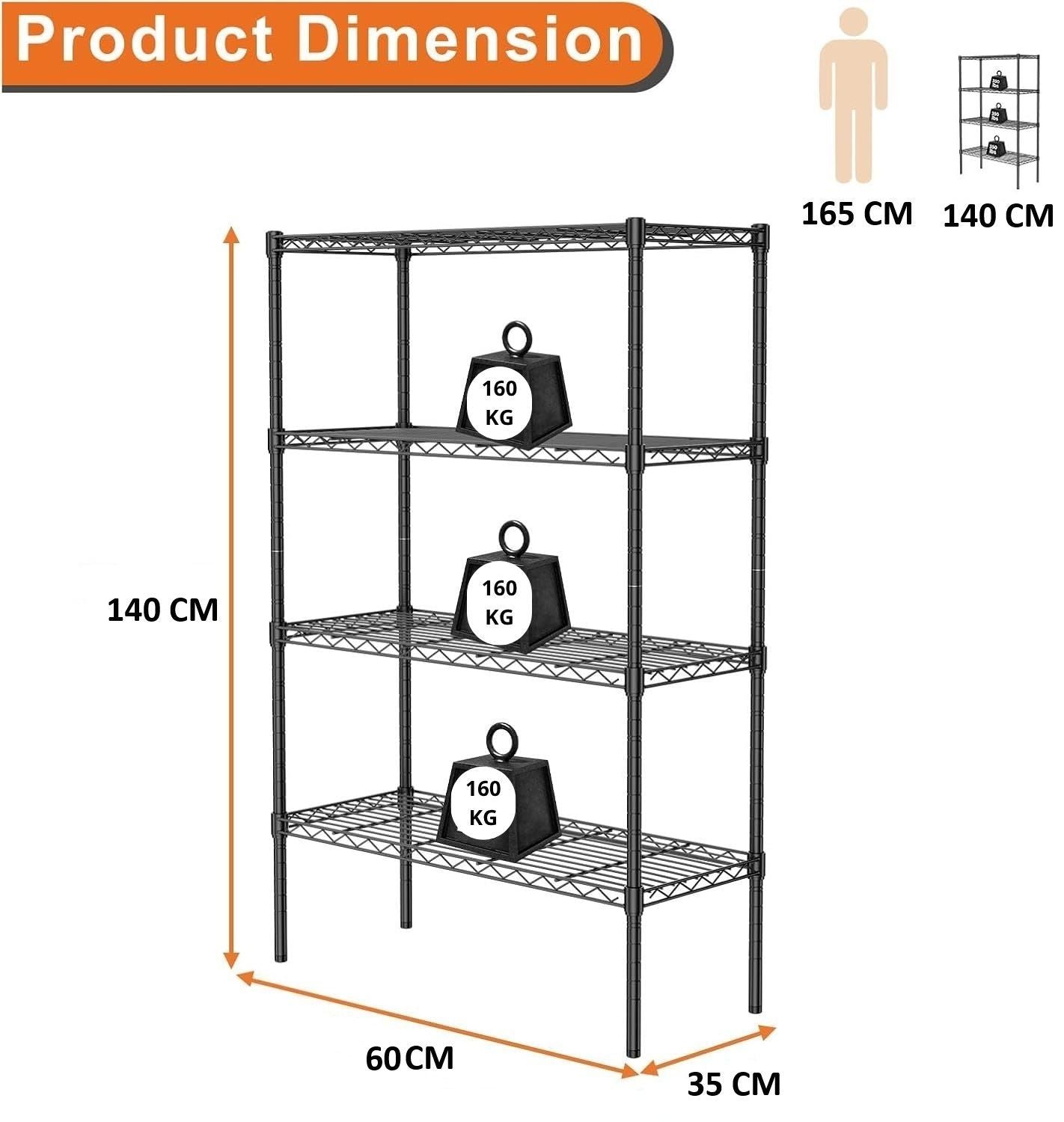 Clothing & Wardrobe Storage: CARLA HOME 4-Tier Adjustable Metal Storage Shelves Wire Rack Organizer for Kitchen, Pantry, Bathroom or Laundry Room (60cm W x 40cm D x 140cm H)