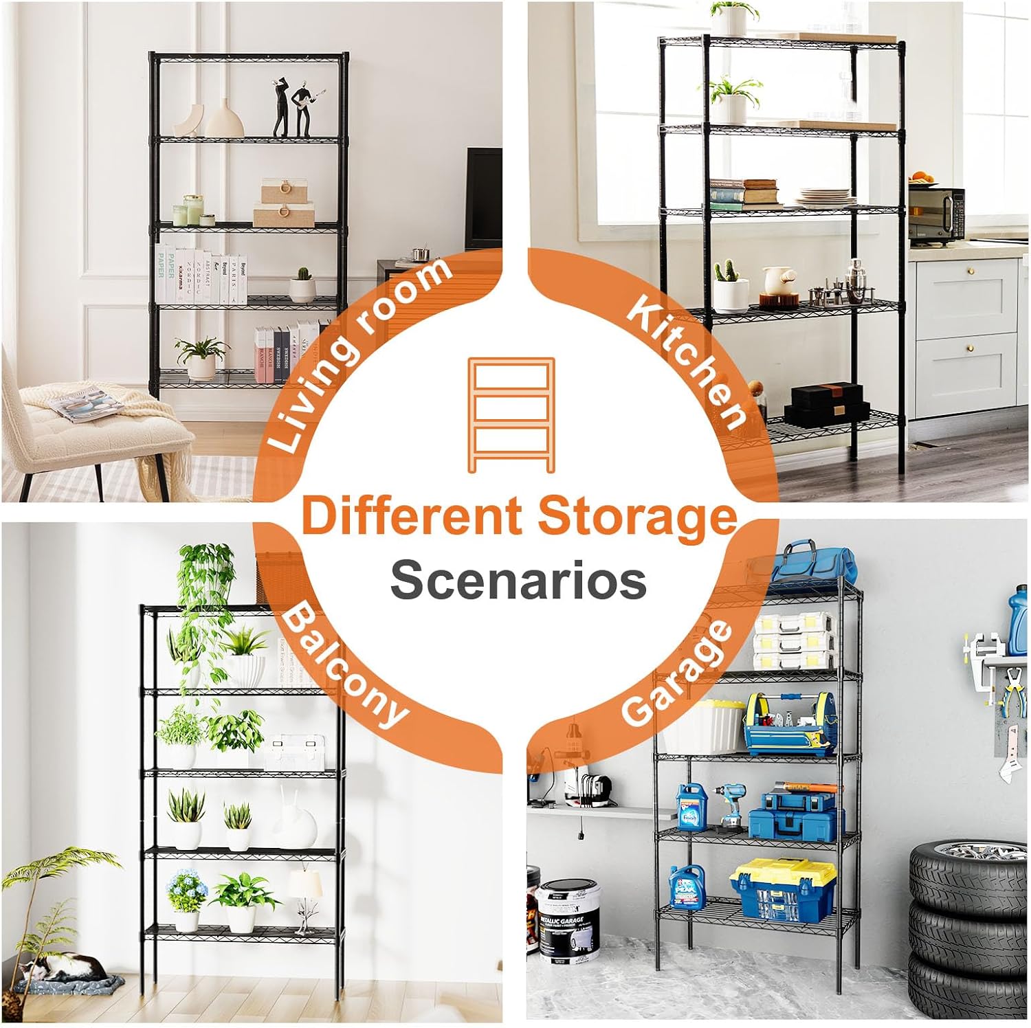 Clothing & Wardrobe Storage: CARLA HOME 5-Tier Adjustable Metal Storage Shelves Wire Rack Organizer for Kitchen, Pantry, Bathroom or Laundry Room (60cm W x 40cm D x 176cm H)