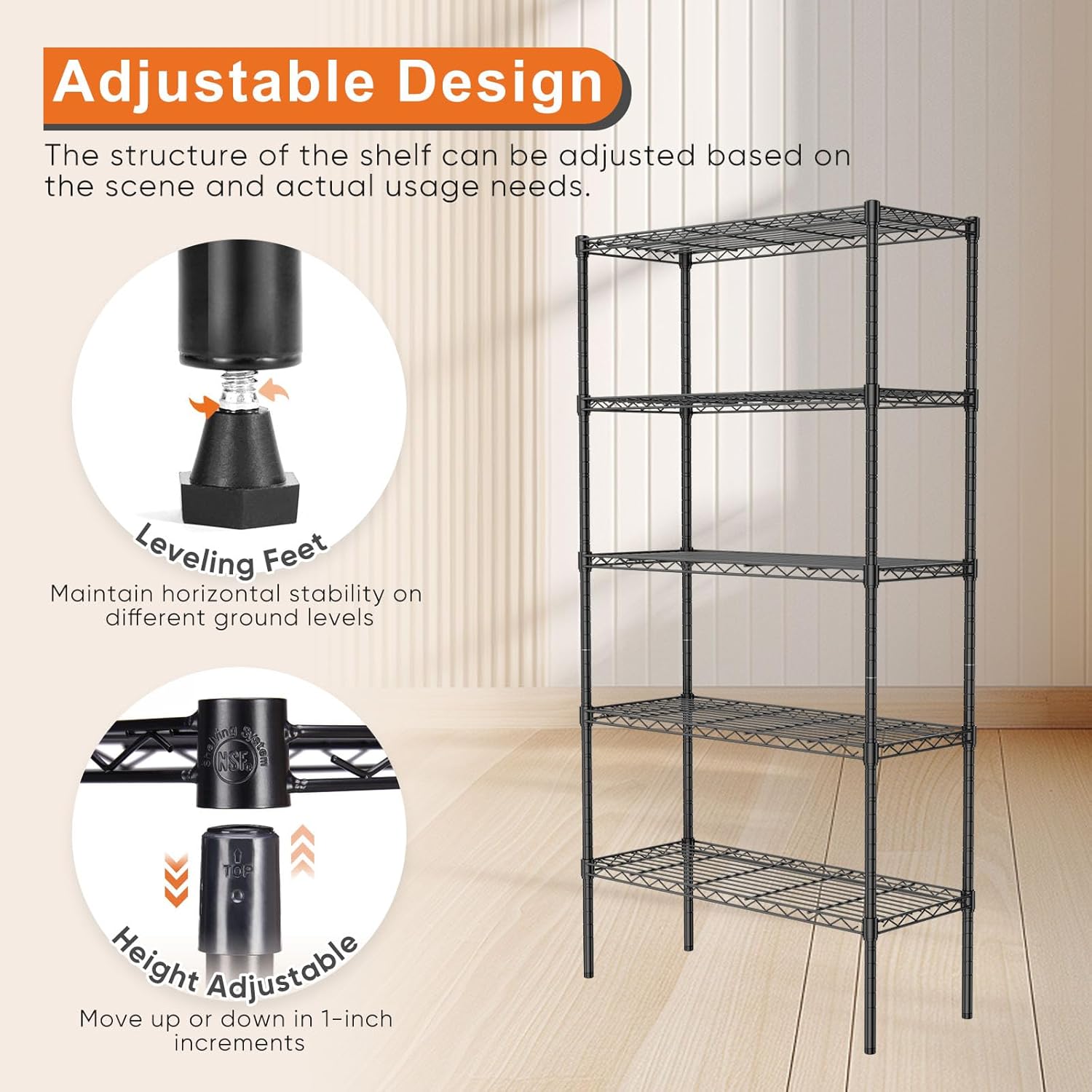 Clothing & Wardrobe Storage: CARLA HOME 5-Tier Adjustable Metal Storage Shelves Wire Rack Organizer for Kitchen, Pantry, Bathroom or Laundry Room (60cm W x 40cm D x 176cm H)