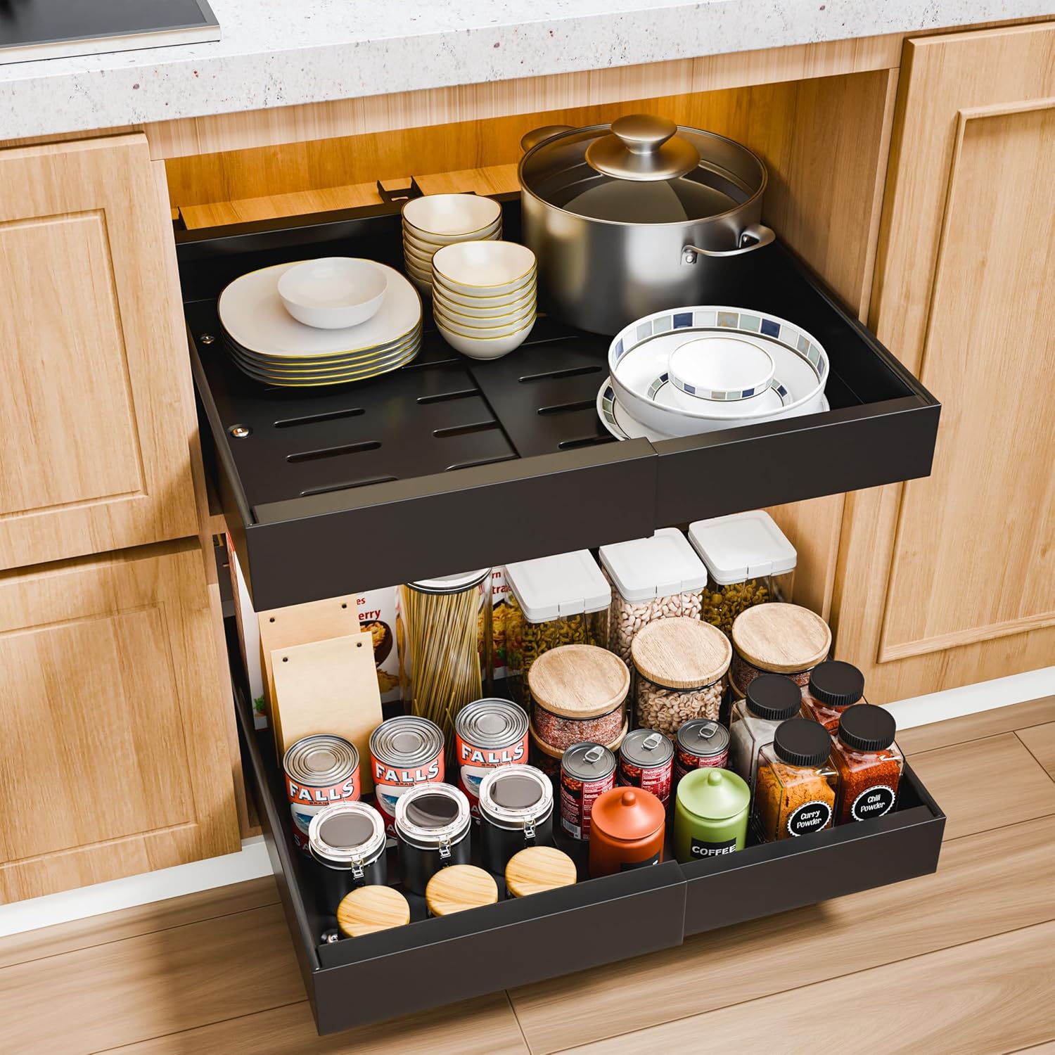 Kitchen & Bathroom DIY: CARLA HOME 2 Pack Pull Out Cabinet Organizer Expandable for Cabinets with Adjustable Slide Out Shelves and Easy Installation (Black)
