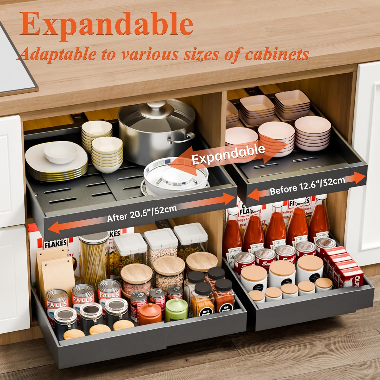 Desk Accessories: CARLA HOME 2 Pack Pull Out Cabinet Organizer Expandable for Cabinets with Adjustable Slide Out Shelves and Easy Installation (Grey)