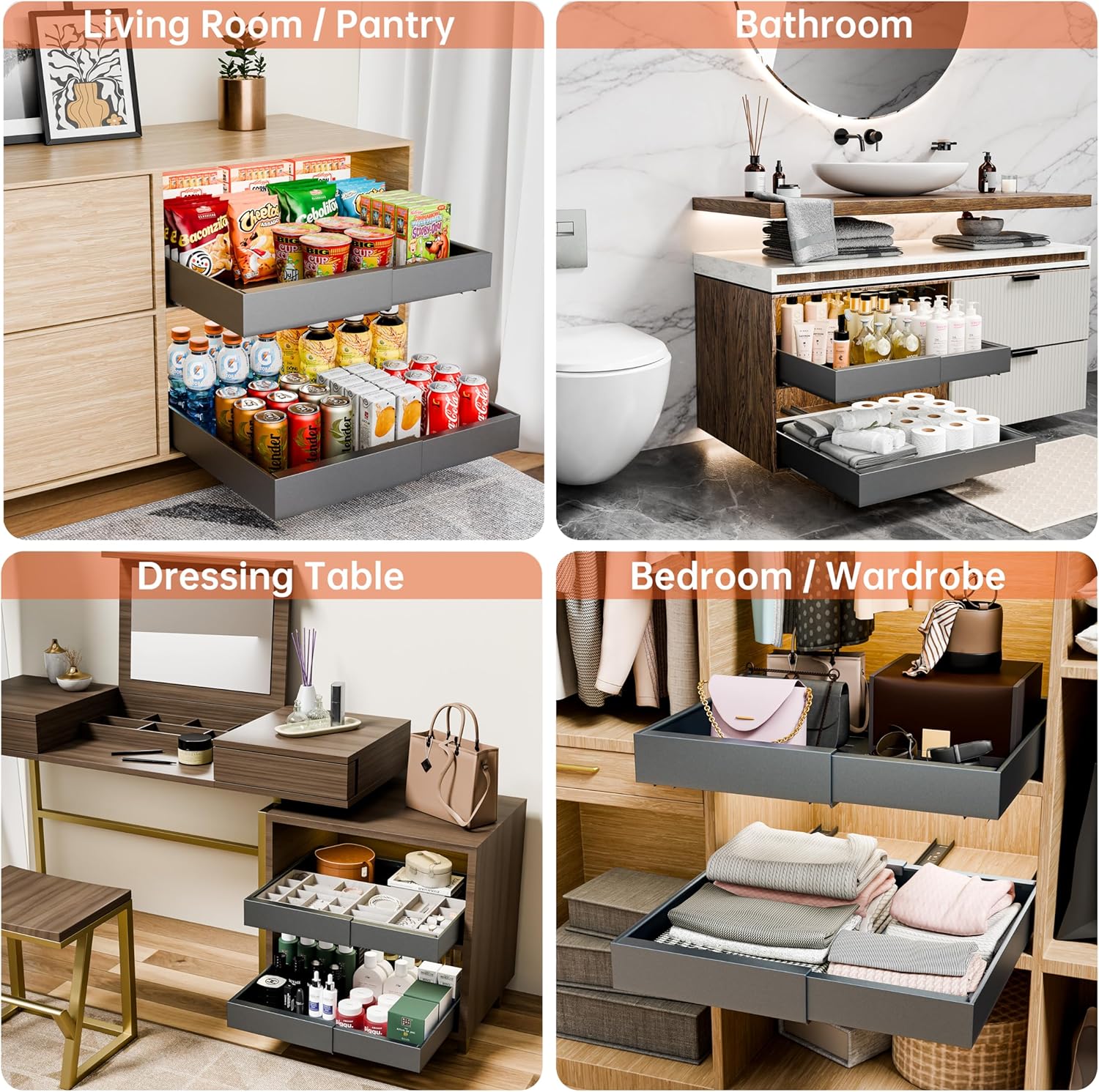 Desk Accessories: CARLA HOME 2 Pack Pull Out Cabinet Organizer Expandable for Cabinets with Adjustable Slide Out Shelves and Easy Installation (Grey)