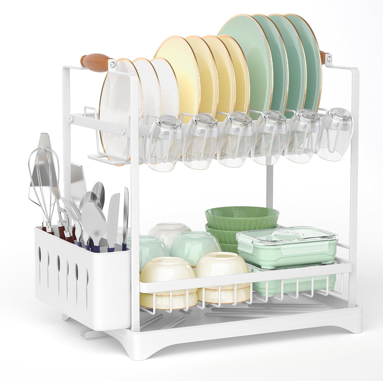 Dish Racks: CARLA HOME 2-Tier Large Dish Drying Rack with Drainboard, Utensil Holder, Glass Hooks & Cutlery Storage (White)