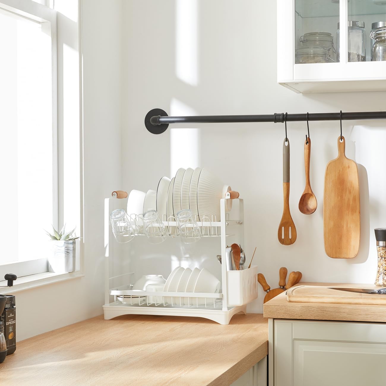 Dish Racks: CARLA HOME 2-Tier Large Dish Drying Rack with Drainboard, Utensil Holder, Glass Hooks & Cutlery Storage (White)