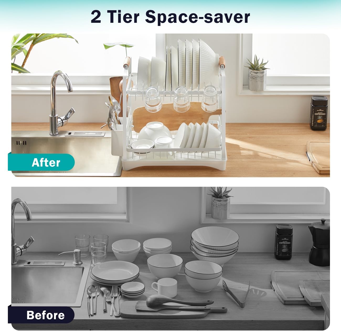 Dish Racks: CARLA HOME 2-Tier Large Dish Drying Rack with Drainboard, Utensil Holder, Glass Hooks & Cutlery Storage (White)