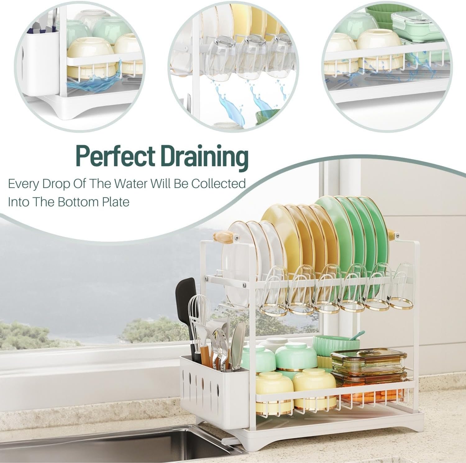 Dish Racks: CARLA HOME 2-Tier Large Dish Drying Rack with Drainboard, Utensil Holder, Glass Hooks & Cutlery Storage (White)