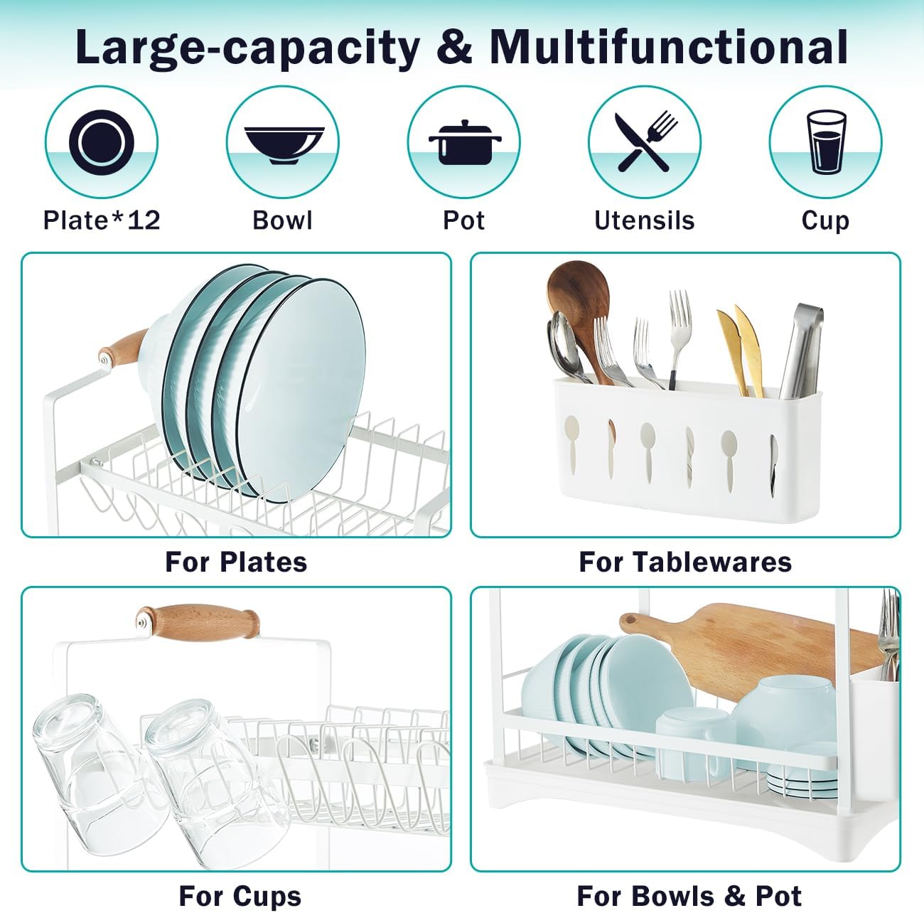 Dish Racks: CARLA HOME 2-Tier Large Dish Drying Rack with Drainboard, Utensil Holder, Glass Hooks & Cutlery Storage (White)