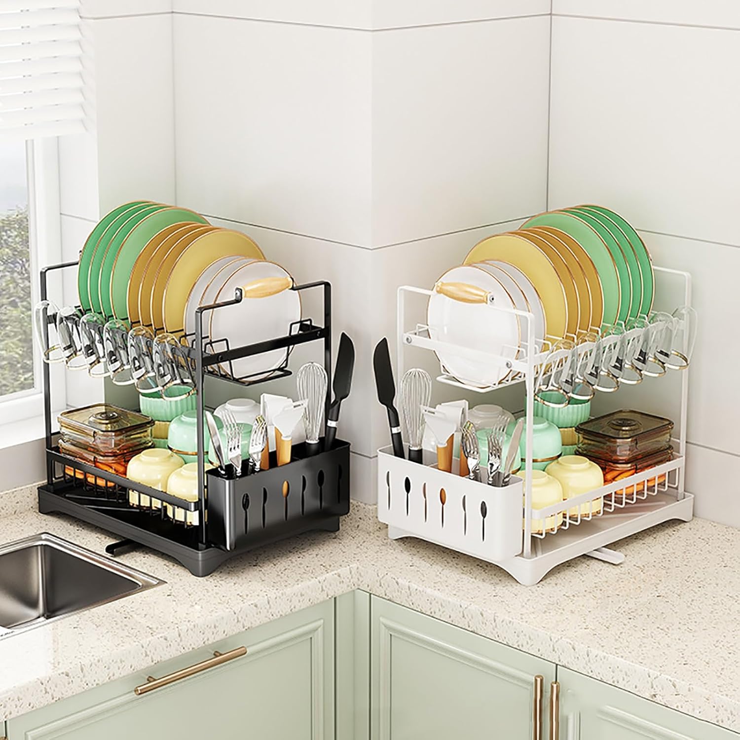 Dish Racks: CARLA HOME 2-Tier Large Dish Drying Rack with Drainboard, Utensil Holder, Glass Hooks & Cutlery Storage (White)