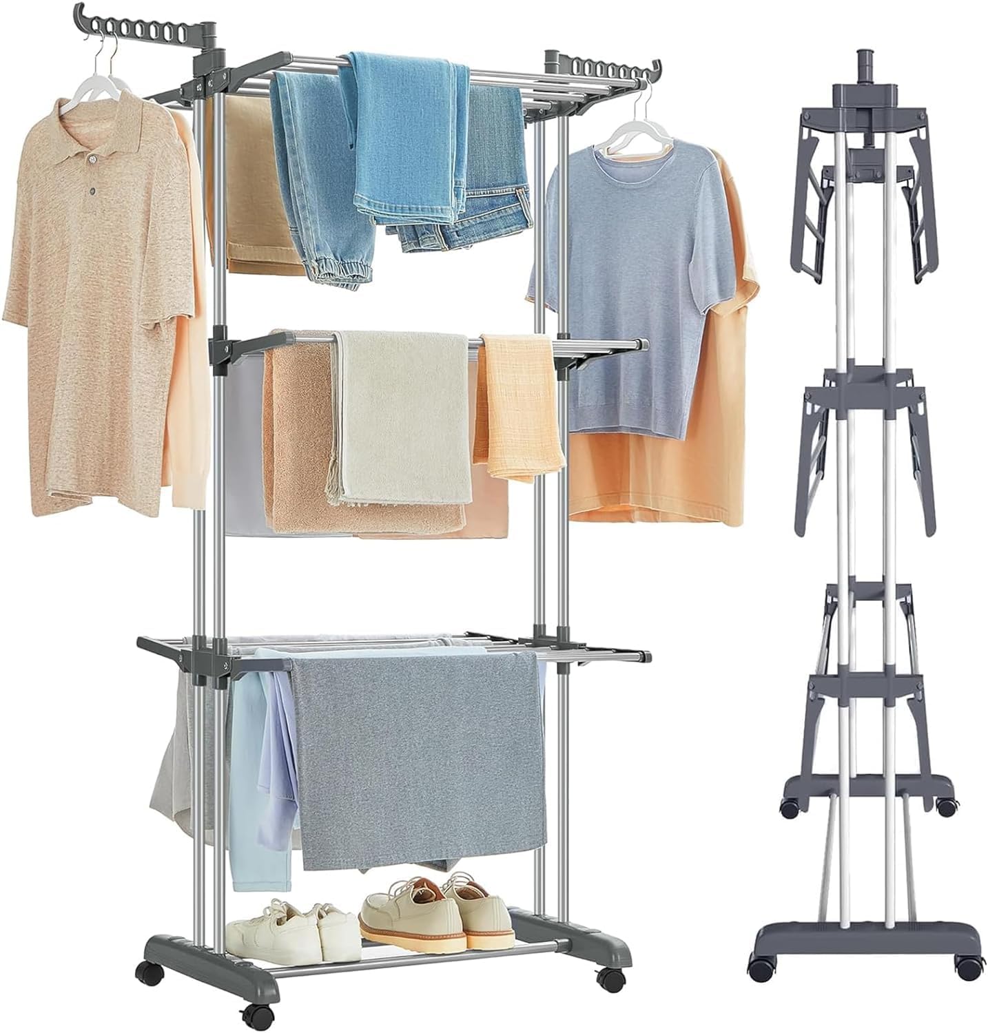 Clothing & Wardrobe Storage: CARLA HOME Folding Clothes Drying Rack with Wheels and Adjustable Side Wings for Laundry Rack and Clothes Storage (Upgraded Model)