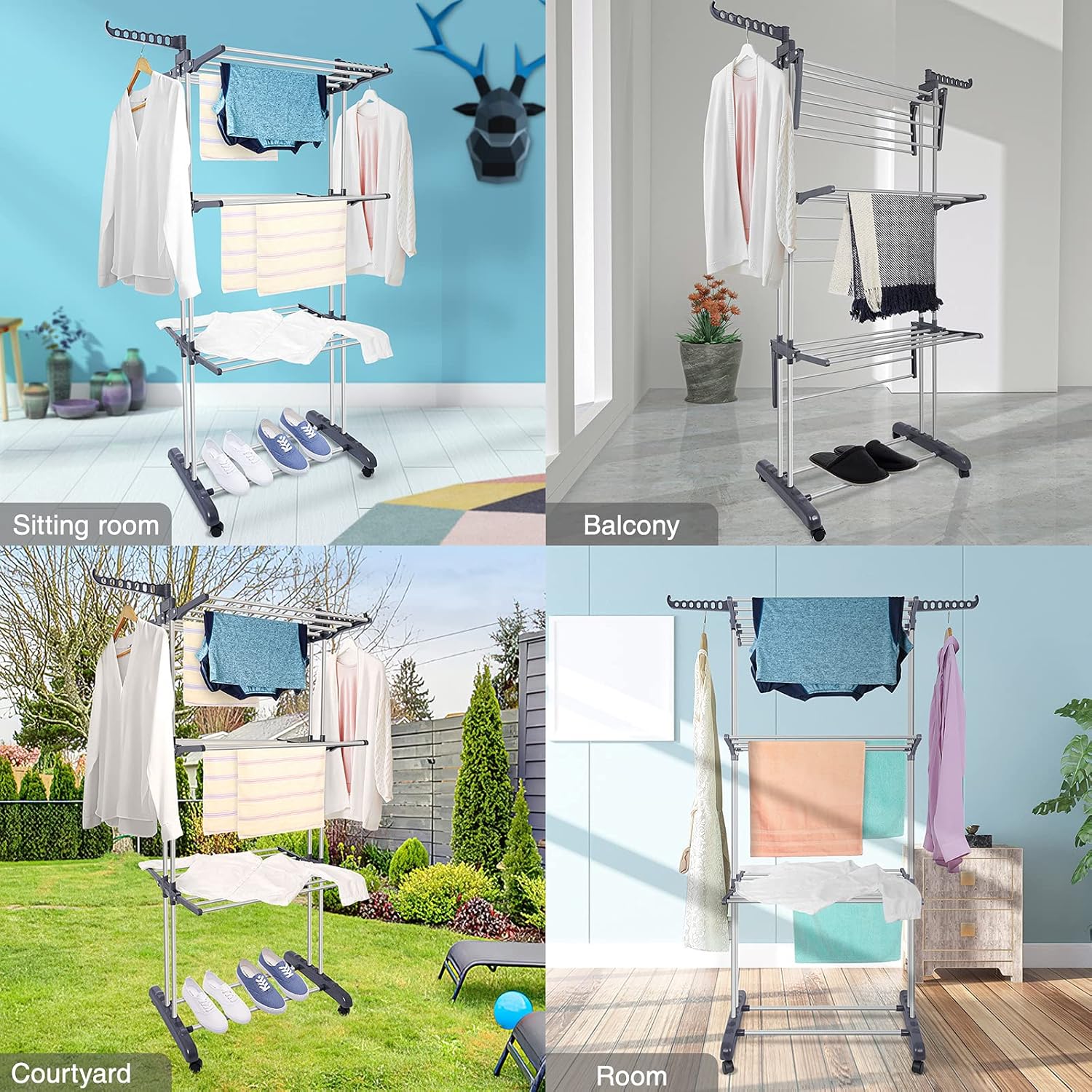 Clothing & Wardrobe Storage: CARLA HOME Folding Clothes Drying Rack with Wheels and Adjustable Side Wings for Laundry Rack and Clothes Storage (Upgraded Model)