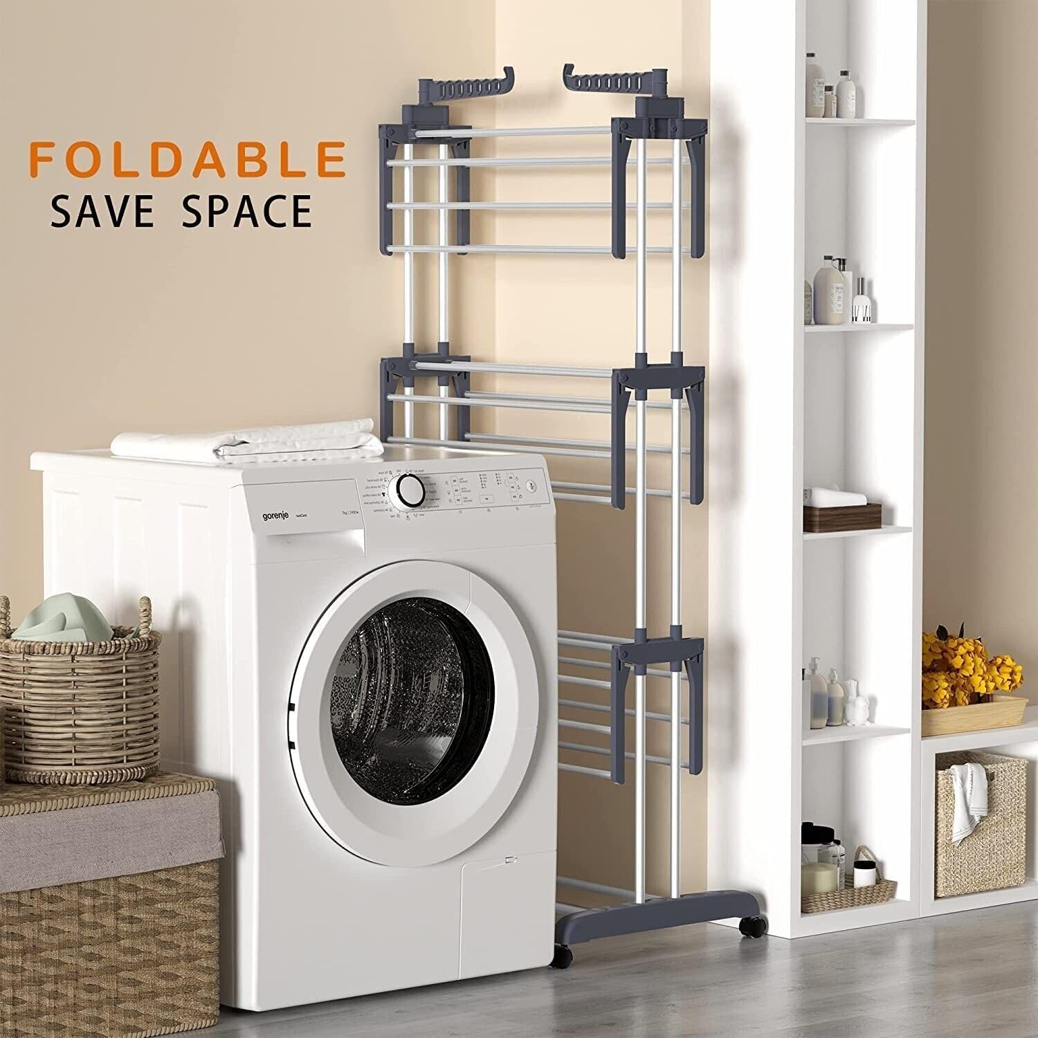 Clothing & Wardrobe Storage: CARLA HOME Folding Clothes Drying Rack with Wheels and Adjustable Side Wings for Laundry Rack and Clothes Storage (Upgraded Model)