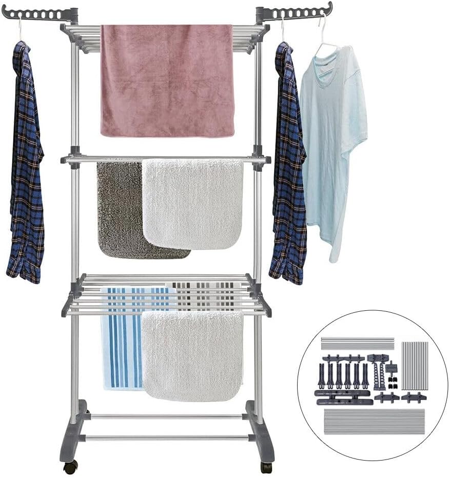 Clothing & Wardrobe Storage: CARLA HOME Folding Clothes Drying Rack with Wheels and Adjustable Side Wings for Laundry Rack and Clothes Storage (Upgraded Model)