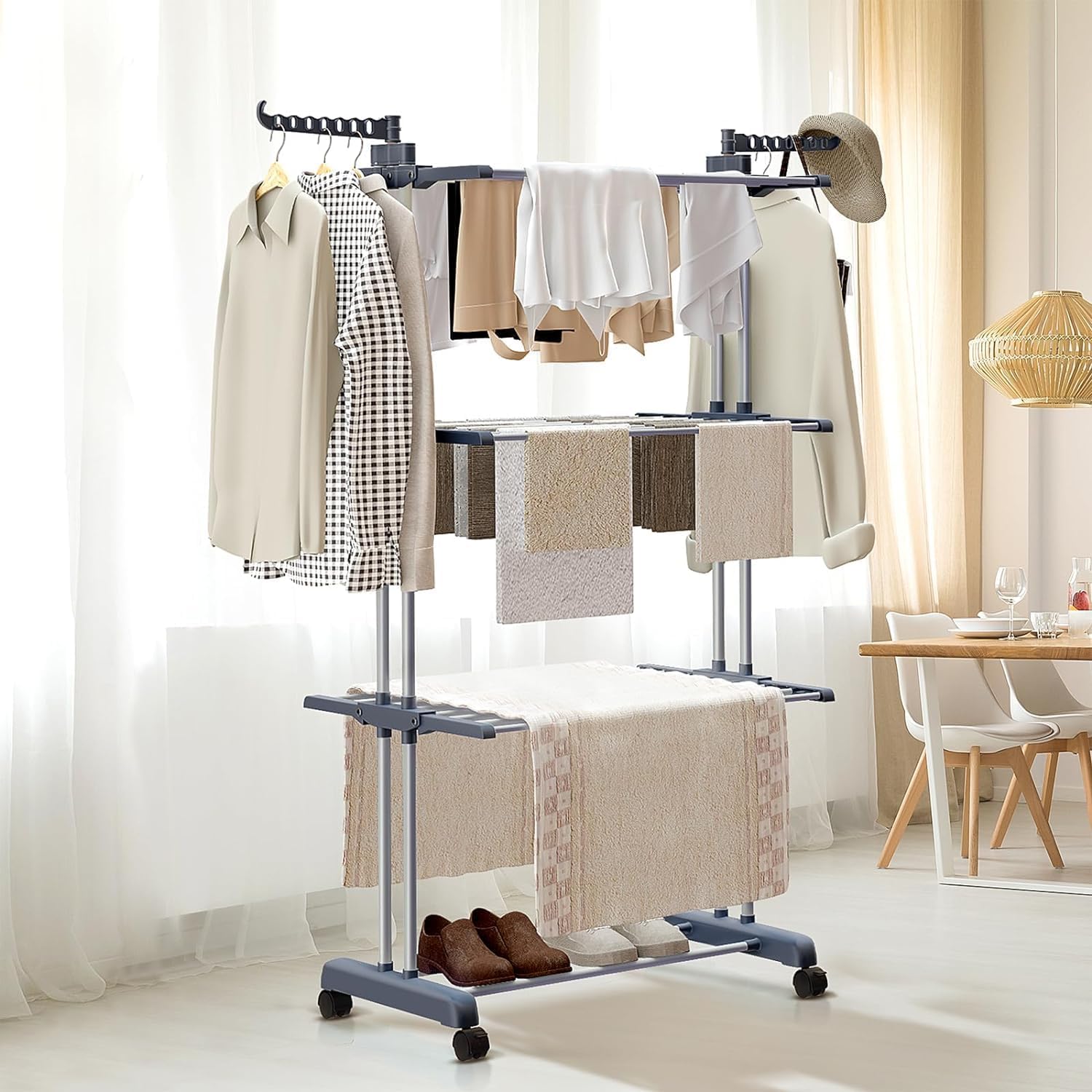 Clothing & Wardrobe Storage: CARLA HOME Folding Clothes Drying Rack with Wheels and Adjustable Side Wings for Laundry Rack and Clothes Storage (Upgraded Model)
