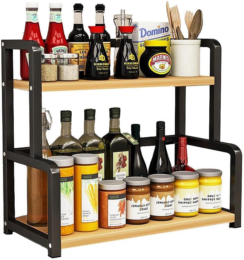 Kitchen & Bathroom DIY: CARLA HOME 2-Tier Wooden Kitchen Countertop Spice Rack for Storage of Condiments, Oils, Jars & Seasoning Bottles
