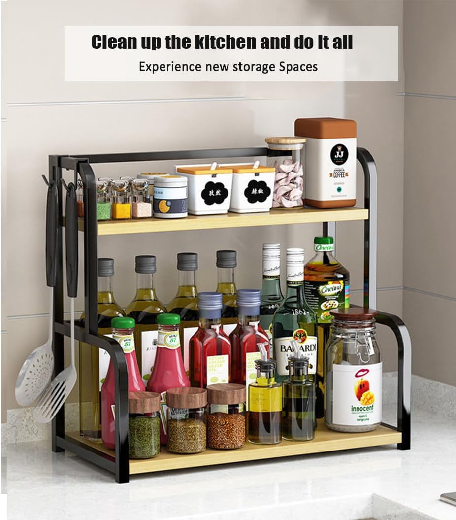 Kitchen & Bathroom DIY: CARLA HOME 2-Tier Wooden Kitchen Countertop Spice Rack for Storage of Condiments, Oils, Jars & Seasoning Bottles