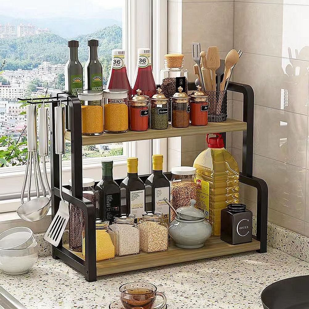 Kitchen & Bathroom DIY: CARLA HOME 2-Tier Wooden Kitchen Countertop Spice Rack for Storage of Condiments, Oils, Jars & Seasoning Bottles