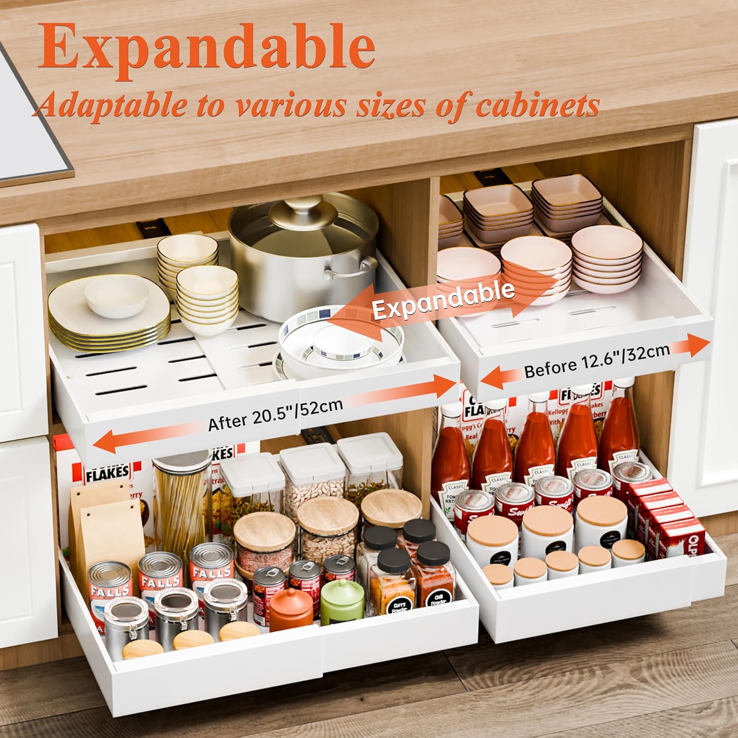 Kitchen & Bathroom DIY: CARLA HOME 2 Pack Pull Out Cabinet Organizer Expandable for Cabinets with Adjustable Slide Out Shelves and Easy Installation (White)