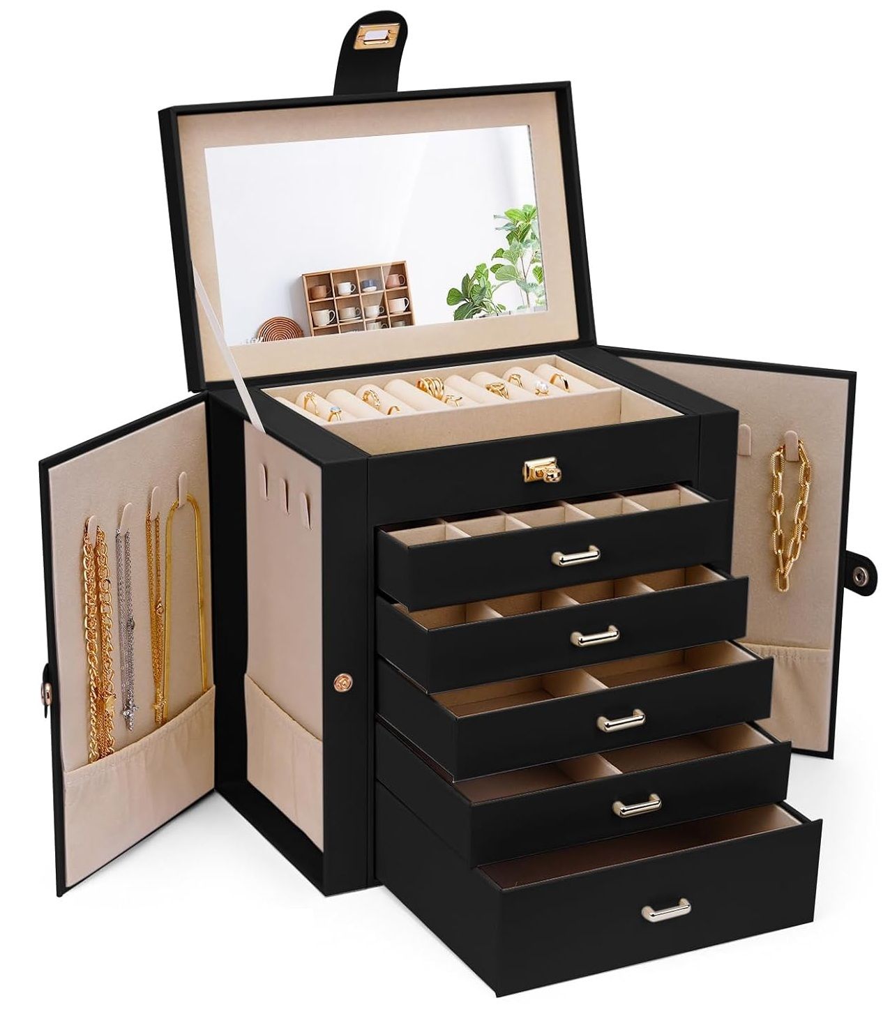 Women's Jewellery: CARLA HOME 6-Layer Large Jewelry Box for Women withDrawers, Mirror, Lock, Necklace Hooks & Side Compartments for Rings, Earrings, Bracelets, Gifts (Black)