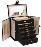 Women's Jewellery: CARLA HOME 6-Layer Large Jewelry Box for Women withDrawers, Mirror, Lock, Necklace Hooks & Side Compartments for Rings, Earrings, Bracelets, Gifts (Black)