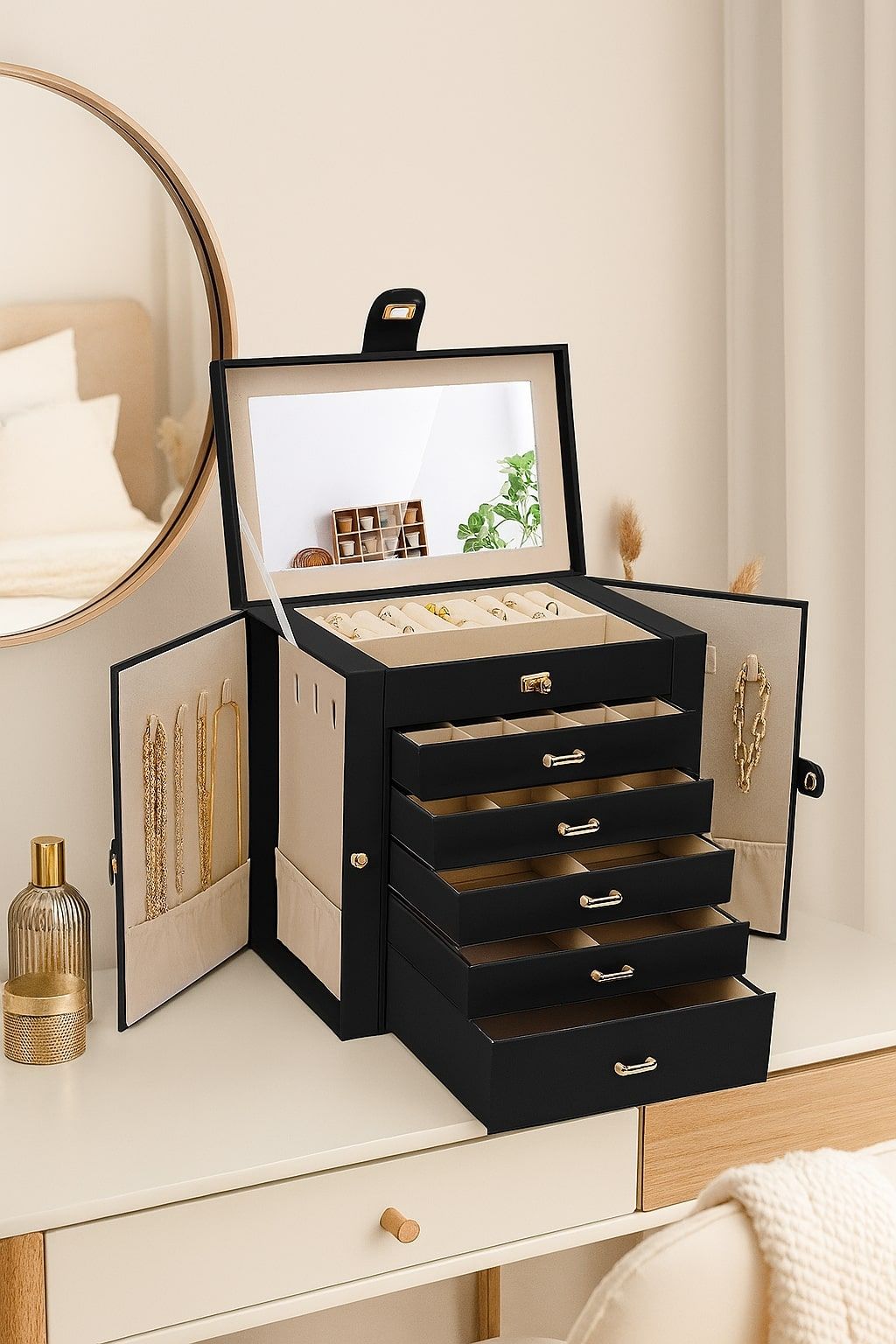 Women's Jewellery: CARLA HOME 6-Layer Large Jewelry Box for Women withDrawers, Mirror, Lock, Necklace Hooks & Side Compartments for Rings, Earrings, Bracelets, Gifts (Black)