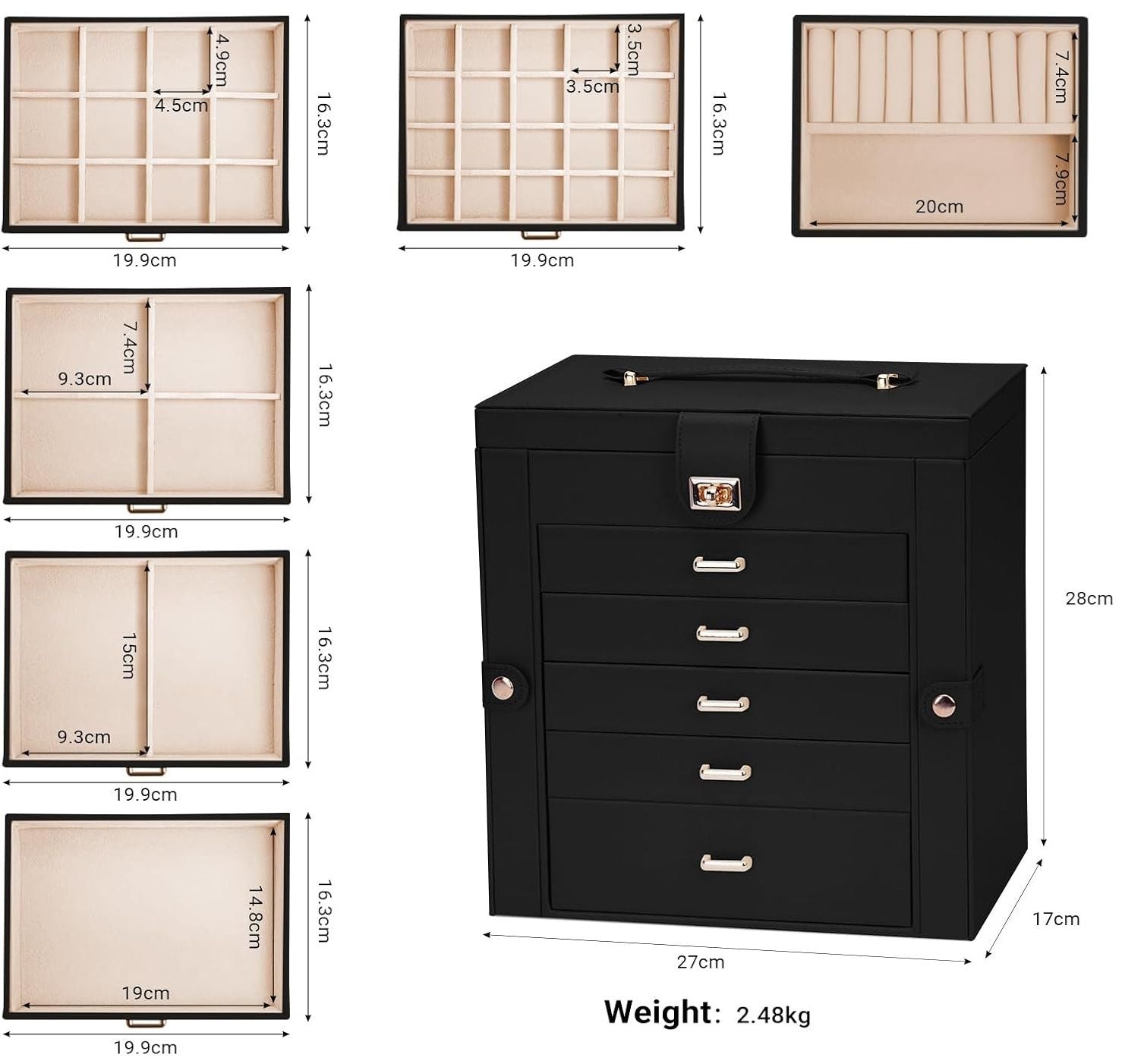 Women's Jewellery: CARLA HOME 6-Layer Large Jewelry Box for Women withDrawers, Mirror, Lock, Necklace Hooks & Side Compartments for Rings, Earrings, Bracelets, Gifts (Black)
