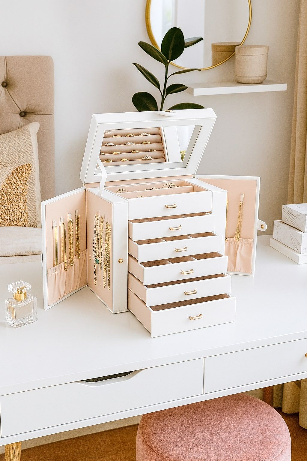 Women's Jewellery: CARLA HOME 6-Layer Large Jewelry Box for Women withDrawers, Mirror, Lock, Necklace Hooks & Side Compartments for Rings, Earrings, Bracelets, Gifts (White)