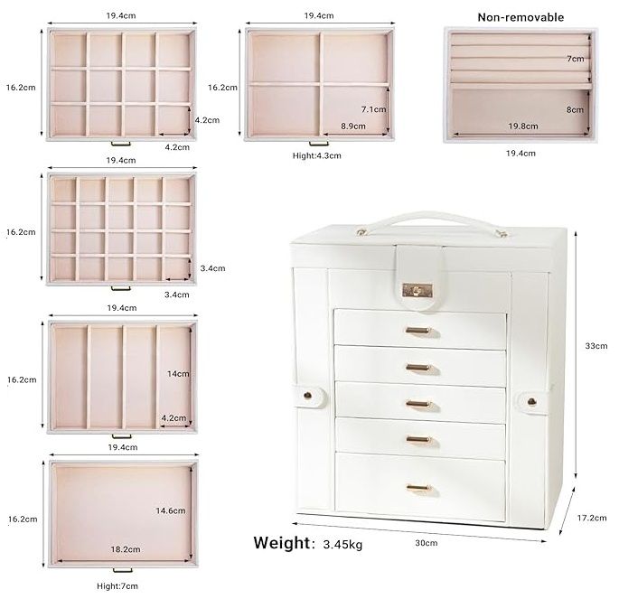 Women's Jewellery: CARLA HOME 6-Layer Large Jewelry Box for Women withDrawers, Mirror, Lock, Necklace Hooks & Side Compartments for Rings, Earrings, Bracelets, Gifts (White)