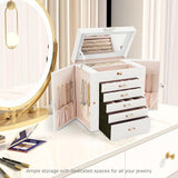 Women's Jewellery: CARLA HOME 6-Layer Large Jewelry Box for Women withDrawers, Mirror, Lock, Necklace Hooks & Side Compartments for Rings, Earrings, Bracelets, Gifts (White)