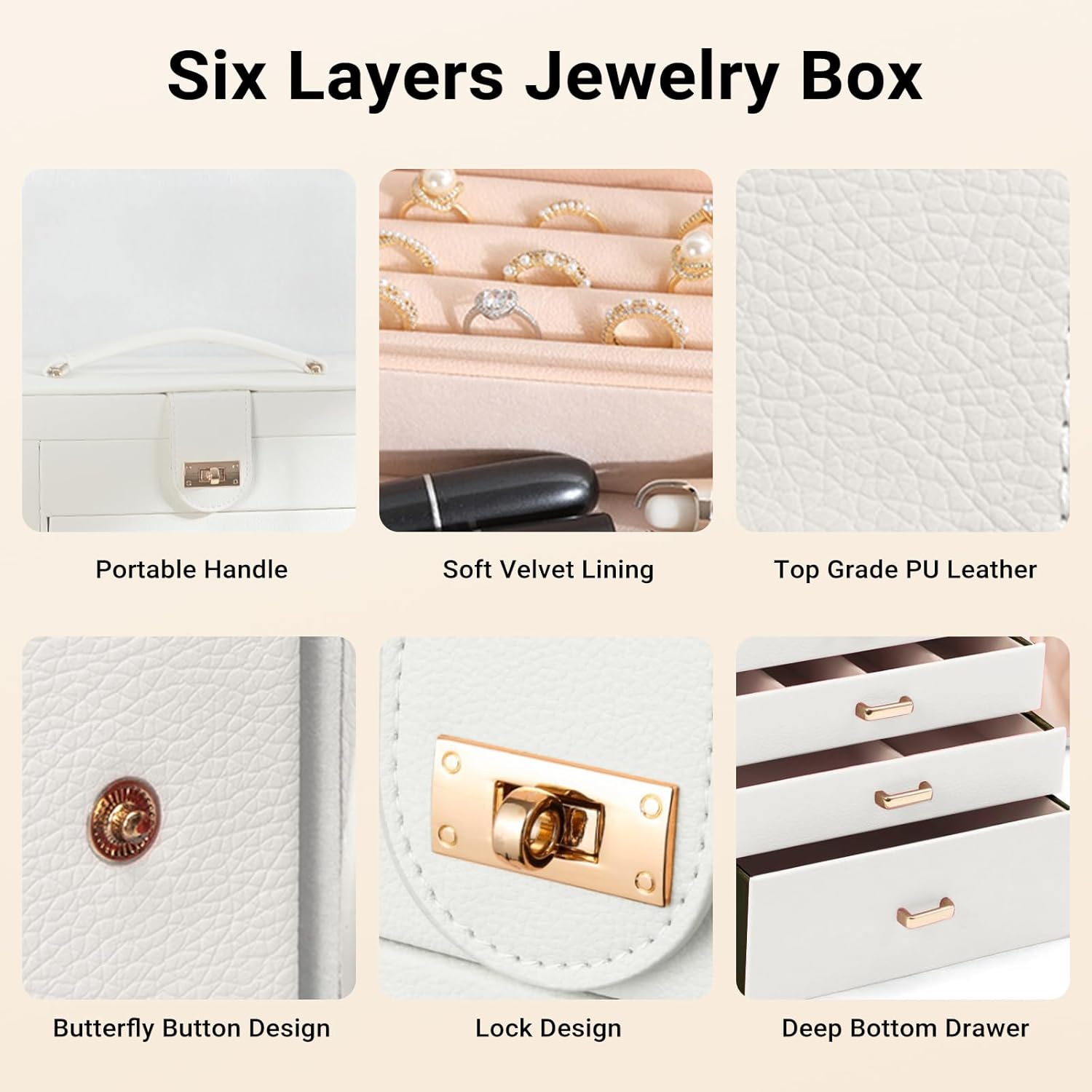 Women's Jewellery: CARLA HOME 6-Layer Large Jewelry Box for Women withDrawers, Mirror, Lock, Necklace Hooks & Side Compartments for Rings, Earrings, Bracelets, Gifts (White)