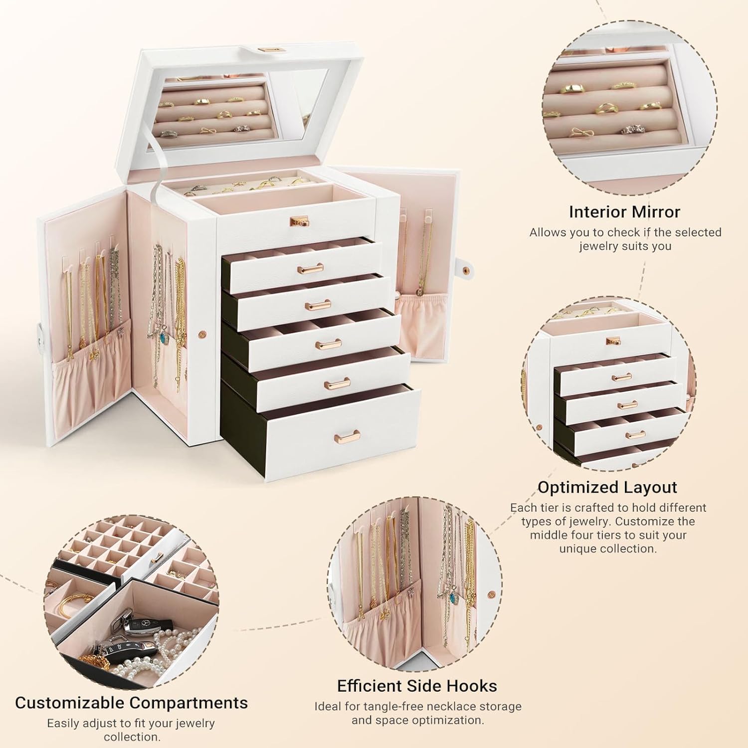 Women's Jewellery: CARLA HOME 6-Layer Large Jewelry Box for Women withDrawers, Mirror, Lock, Necklace Hooks & Side Compartments for Rings, Earrings, Bracelets, Gifts (White)