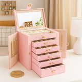 Women's Jewellery: CARLA HOME 6-Layer Large Jewelry Box for Women withDrawers, Mirror, Lock, Necklace Hooks & Side Compartments for Rings, Earrings, Bracelets, Gifts (Pink)