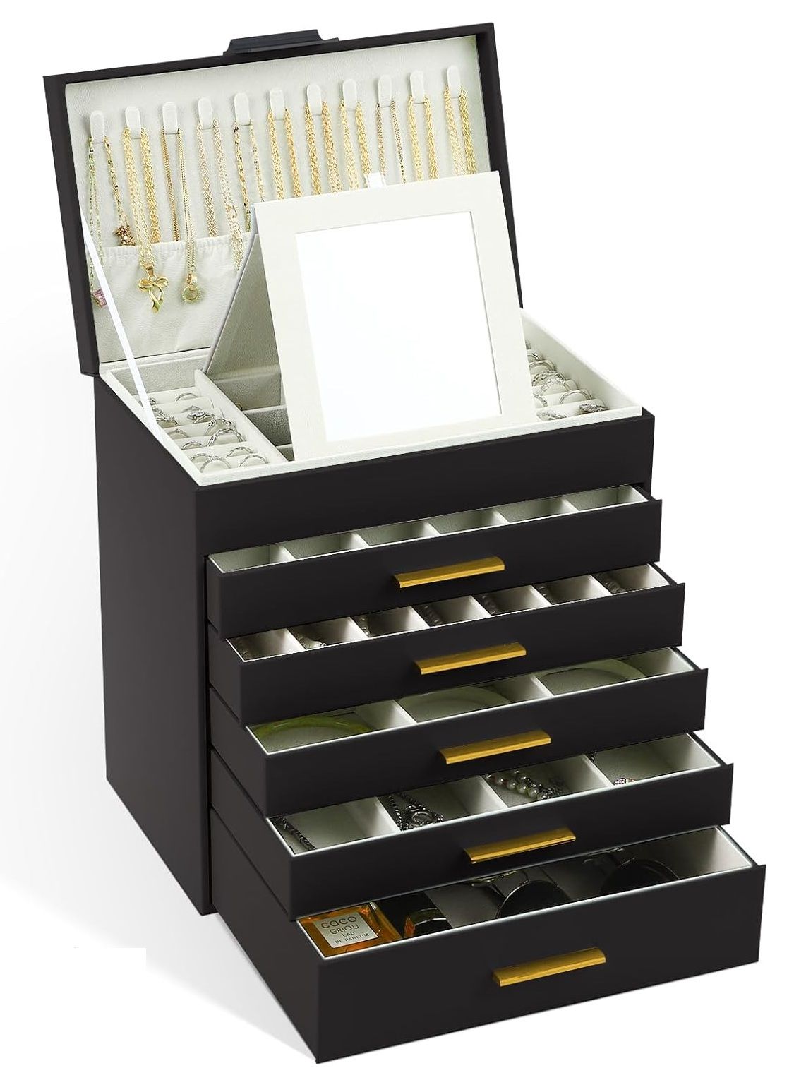 Makeup Organisation & Storage: CARLA HOME  6-Layer Large Jewelry Organizer Box for Women with Mirror, Drawers, Hooks & Dividers for Rings, Necklaces, Bracelets, Ideal Gift for Women (Black)