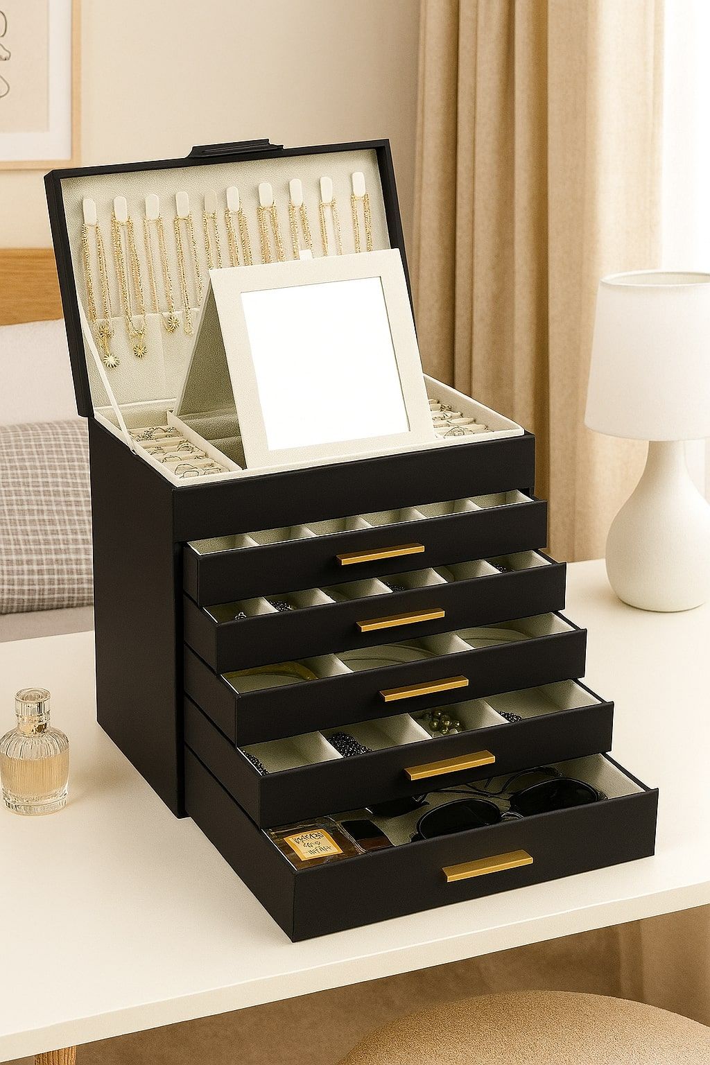 Makeup Organisation & Storage: CARLA HOME  6-Layer Large Jewelry Organizer Box for Women with Mirror, Drawers, Hooks & Dividers for Rings, Necklaces, Bracelets, Ideal Gift for Women (Black)