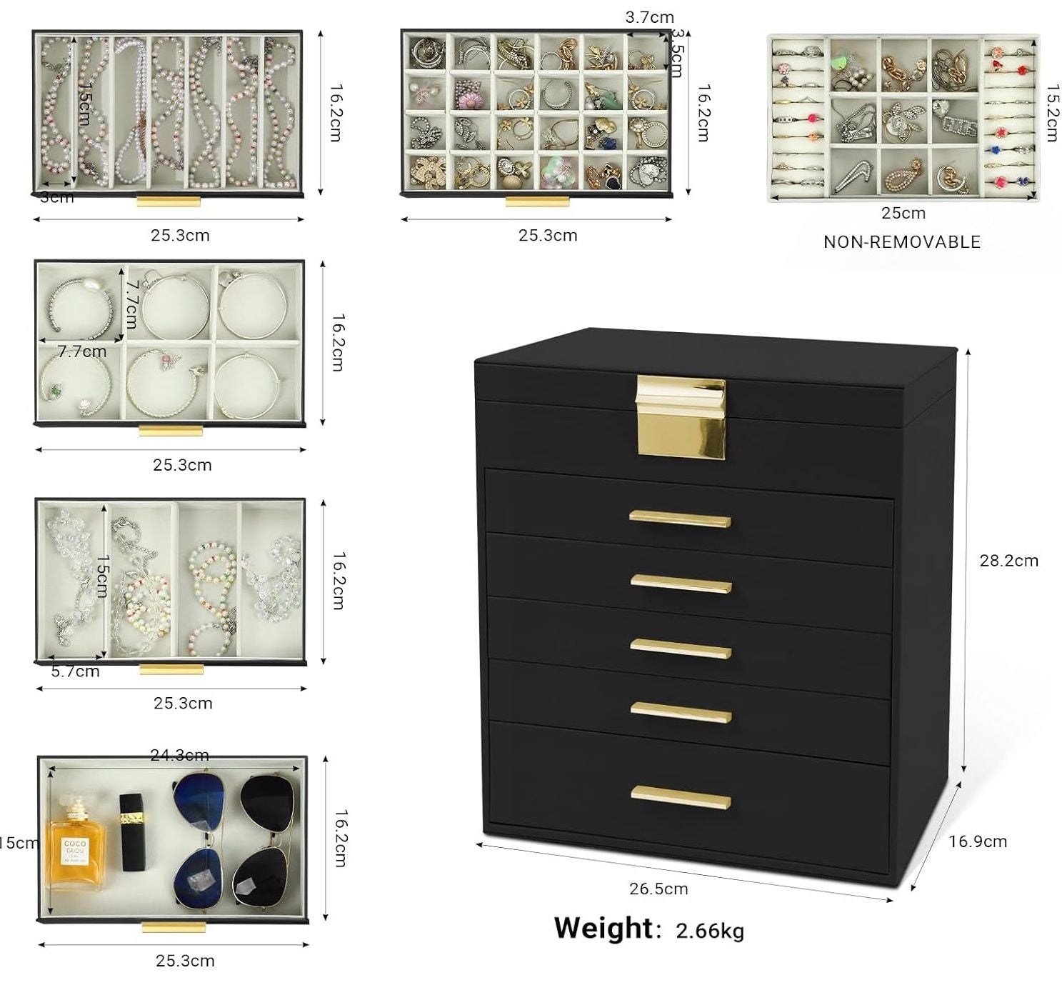 Makeup Organisation & Storage: CARLA HOME  6-Layer Large Jewelry Organizer Box for Women with Mirror, Drawers, Hooks & Dividers for Rings, Necklaces, Bracelets, Ideal Gift for Women (Black)