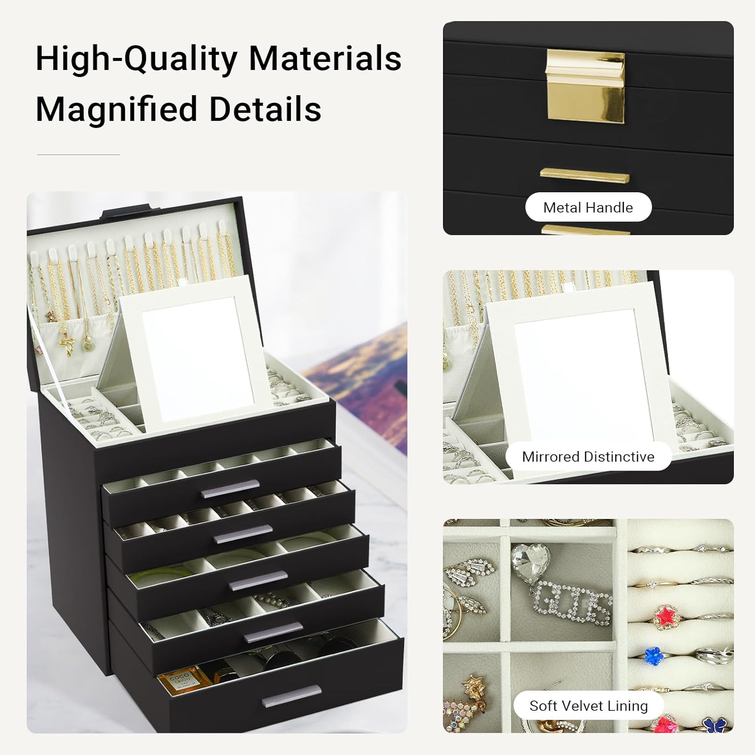 Makeup Organisation & Storage: CARLA HOME  6-Layer Large Jewelry Organizer Box for Women with Mirror, Drawers, Hooks & Dividers for Rings, Necklaces, Bracelets, Ideal Gift for Women (Black)