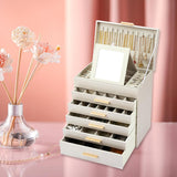 Makeup Organisation & Storage: CARLA HOME  6-Layer Large Jewelry Organizer Box for Women with Mirror, Drawers, Hooks & Dividers for Rings, Necklaces, Bracelets, Ideal Gift for Women (White)