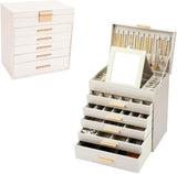 Makeup Organisation & Storage: CARLA HOME  6-Layer Large Jewelry Organizer Box for Women with Mirror, Drawers, Hooks & Dividers for Rings, Necklaces, Bracelets, Ideal Gift for Women (White)