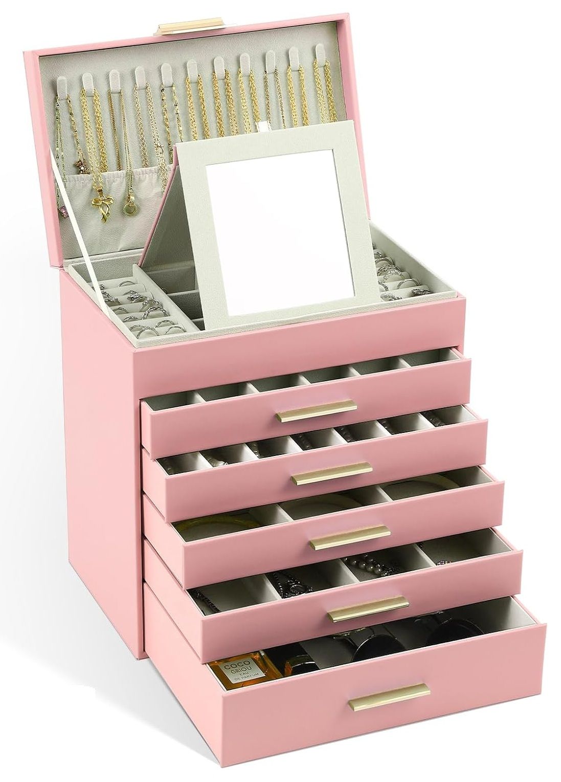 Makeup Organisation & Storage: CARLA HOME  6-Layer Large Jewelry Organizer Box for Women with Mirror, Drawers, Hooks & Dividers for Rings, Necklaces, Bracelets, Ideal Gift for Women (Pink)