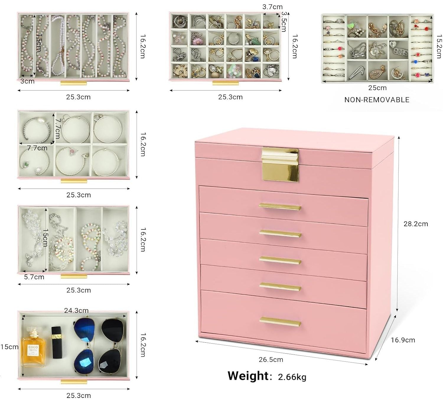 Makeup Organisation & Storage: CARLA HOME  6-Layer Large Jewelry Organizer Box for Women with Mirror, Drawers, Hooks & Dividers for Rings, Necklaces, Bracelets, Ideal Gift for Women (Pink)
