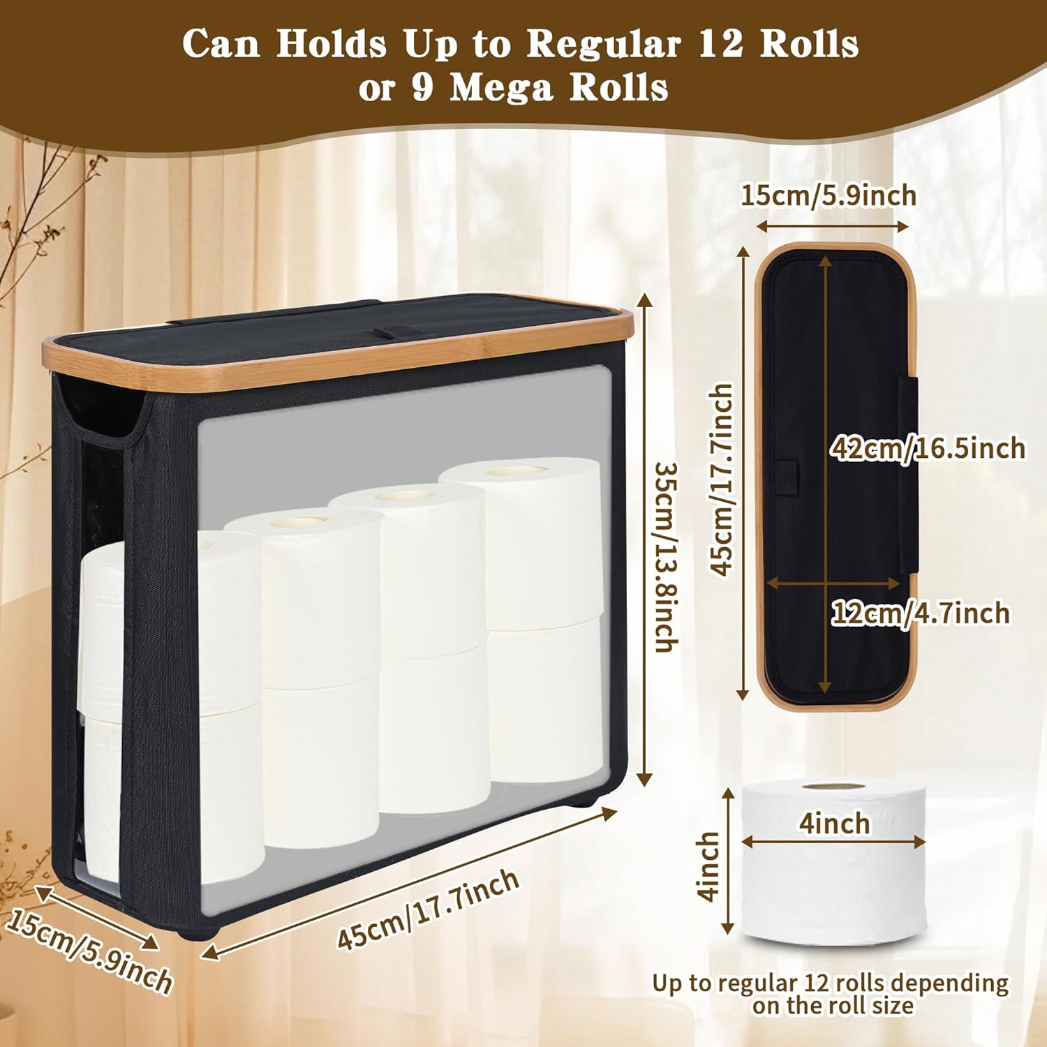 Kitchen & Bathroom DIY: CARLA HOME 2 pack Toilet Paper Storage Basket Holds Up to 12 Rolls with Bamboo Lid and Handle for RV Closet (Black)