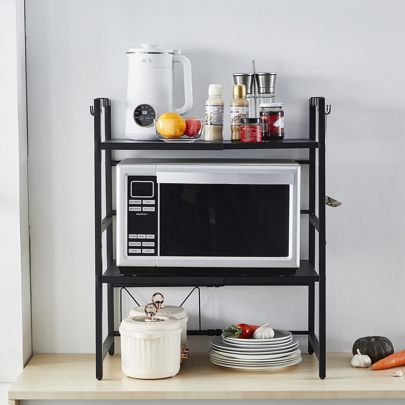 Kitchen & Bathroom DIY: CARLA HOME 3-Tier Microwave Oven Rack with Adjustable Metal Kitchen Shelf Stand for Countertop Storage and 6 Hooks for Utensils