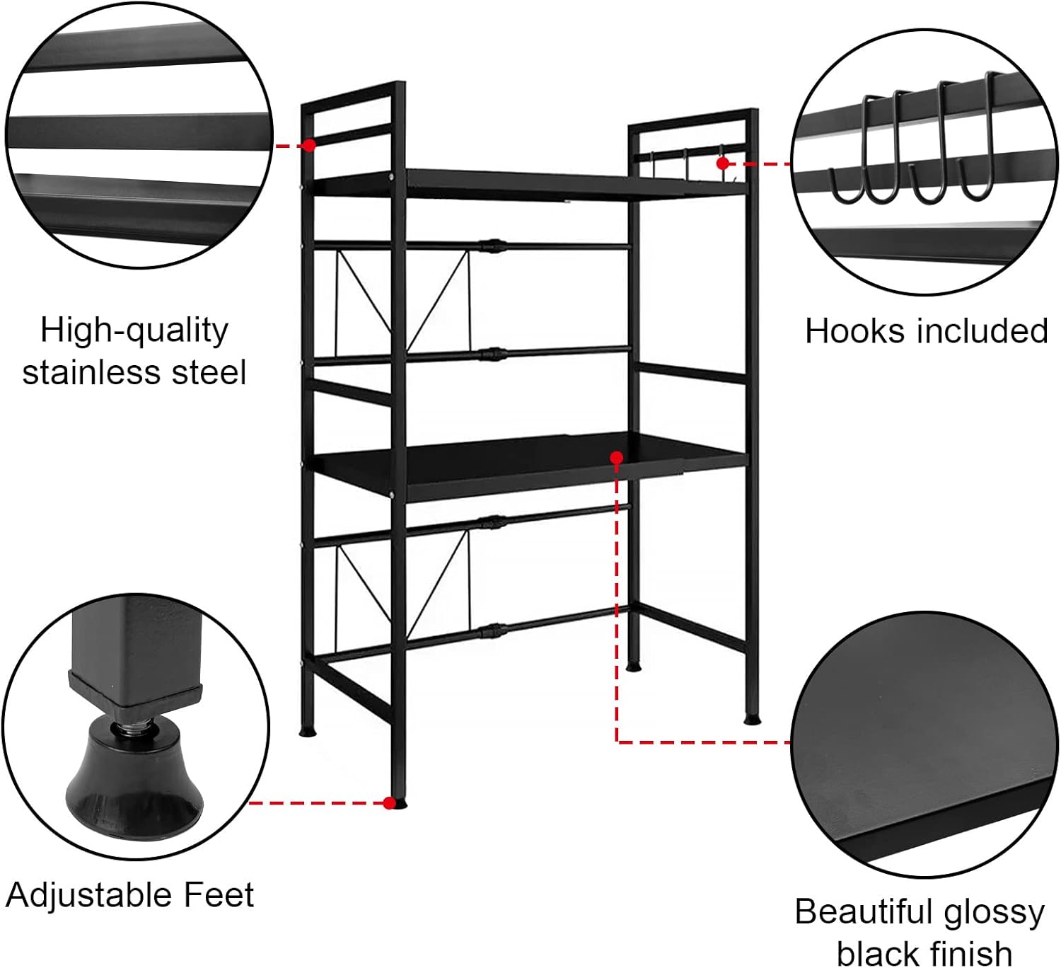 Kitchen & Bathroom DIY: CARLA HOME 3-Tier Microwave Oven Rack with Adjustable Metal Kitchen Shelf Stand for Countertop Storage and 6 Hooks for Utensils