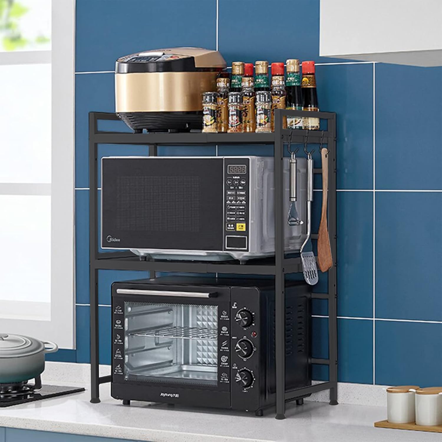 Kitchen & Bathroom DIY: CARLA HOME 3-Tier Microwave Oven Rack with Adjustable Metal Kitchen Shelf Stand for Countertop Storage and 6 Hooks for Utensils