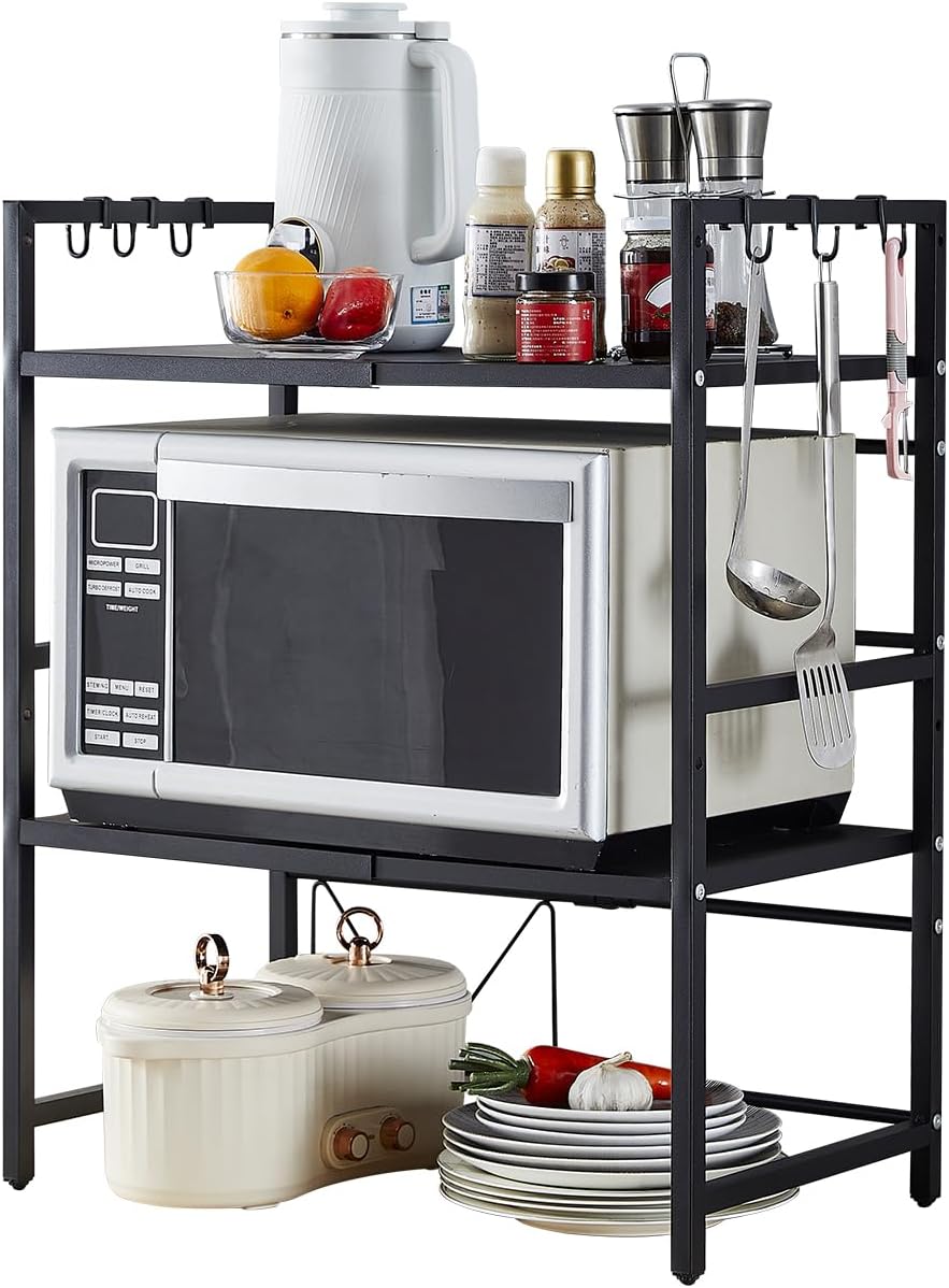 Kitchen & Bathroom DIY: CARLA HOME 3-Tier Microwave Oven Rack with Adjustable Metal Kitchen Shelf Stand for Countertop Storage and 6 Hooks for Utensils