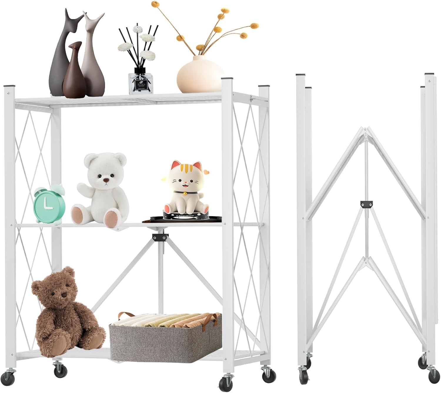 Kitchen & Dining Trolleys: CARLA HOME 3-Tier Foldable Storage Shelf with Wheels for Kitchen, Garage, Pantry or Basement (White)